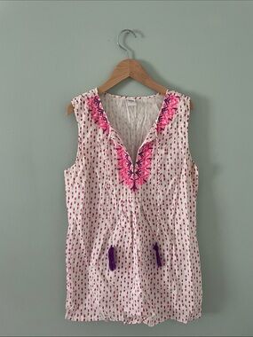 Sleeveless White Tunic with Pink & Purple Embroidery